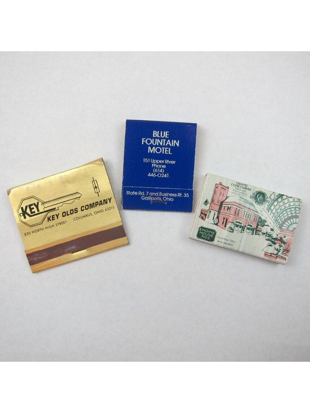 3 Vintage Matchbooks Key Olds Co Blue Fountain Hotel Engine House 5 Columbus OH